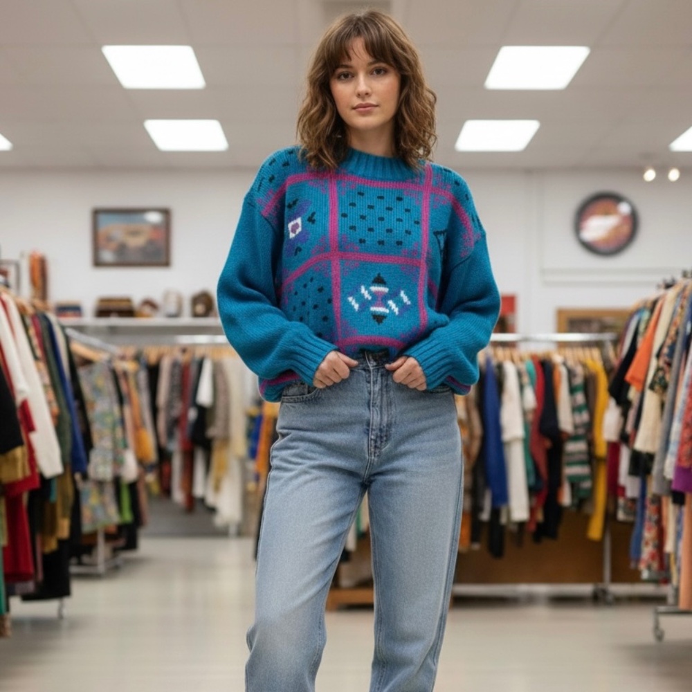 62 East Vintage Sweater Small Cotton Knit Teal and Pink